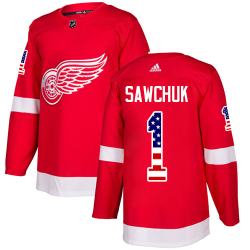 Adidas Red Wings #1 Terry Sawchuk Red Home Authentic USA Flag Stitched NHL Jersey